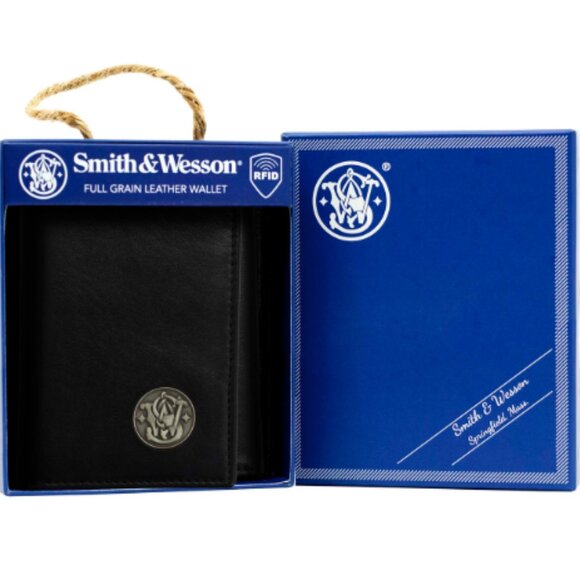 Smith & Wesson Genuine Leather Tri-fold Wallet in Black NEW NWT - Picture 1 of 7